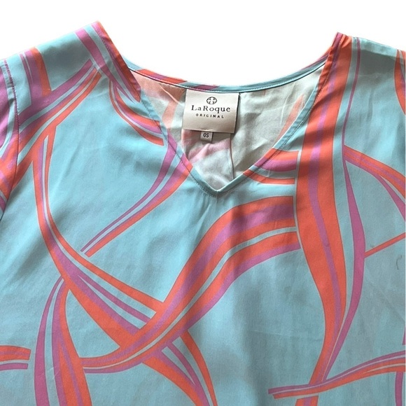 La Roque Park 100% silk blue, coral, and pink top with statement sleeves - Picture 7 of 12